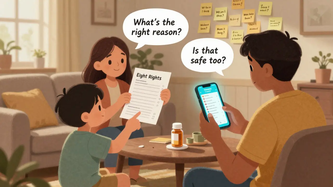 Family reviewing medication list with app and sticky notes at home