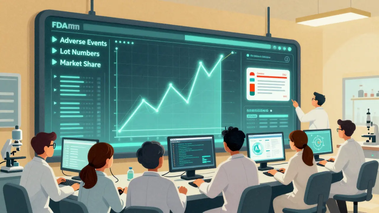 FDA lab dashboard tracking drug safety data with scientists analyzing digital graphs.