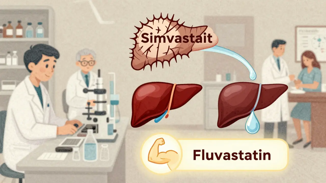 Five statin pills ranked by muscle pain risk, with pravastatin as water droplet and fluvastatin glowing clean.