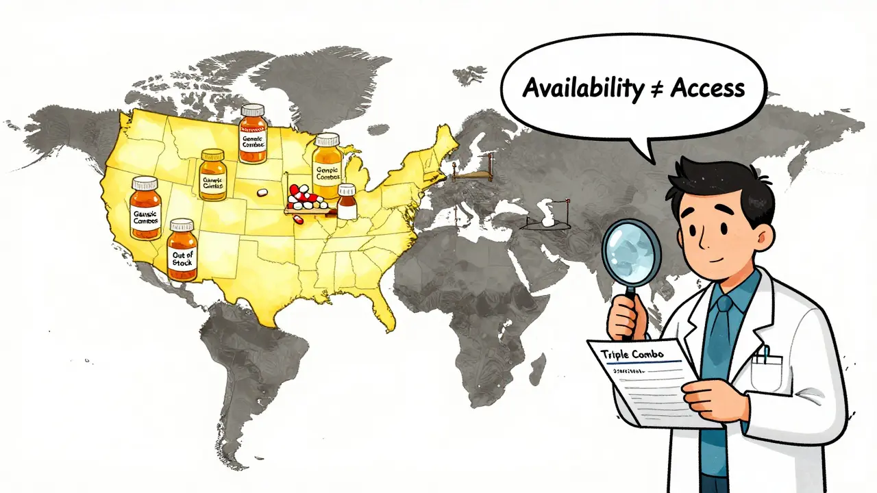 Global map showing abundant combination pills in the U.S. and scarce supplies in low-income countries, with a doctor examining a prescription.