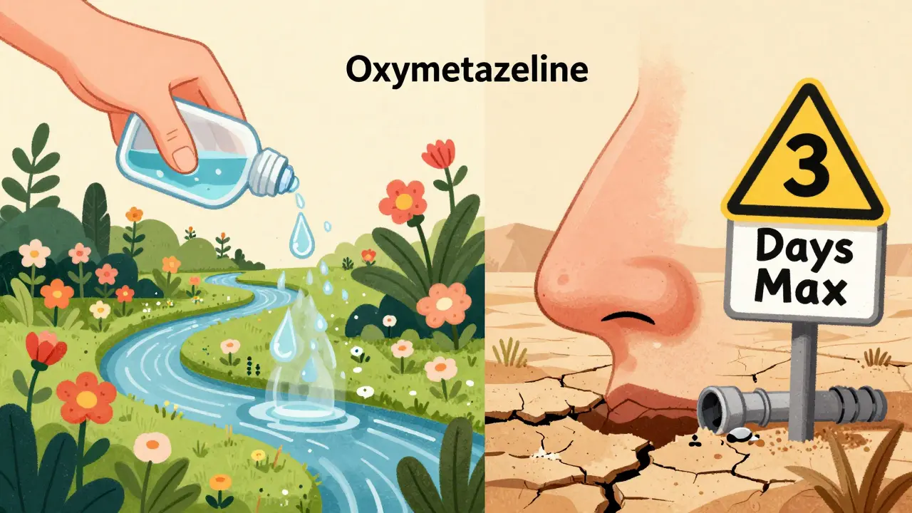 Healthy nose as a garden vs. damaged nose as desert, with saline drops restoring life.