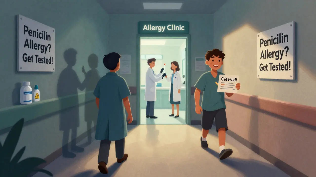 Hospital hallway with 'Get Tested' sign, patient moving from risky antibiotics to allergy clinic