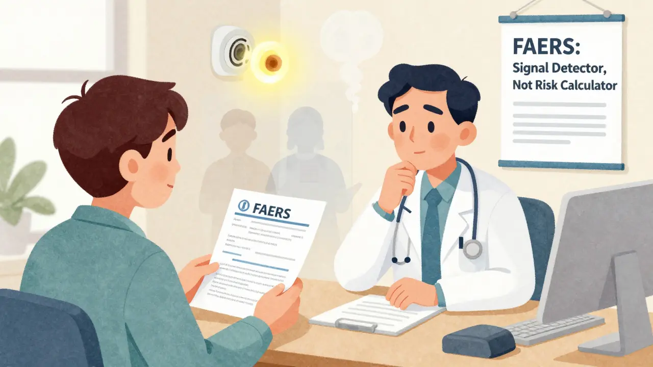 Patient and doctor discussing FAERS findings in a clinic, with ghostly report icons floating nearby.