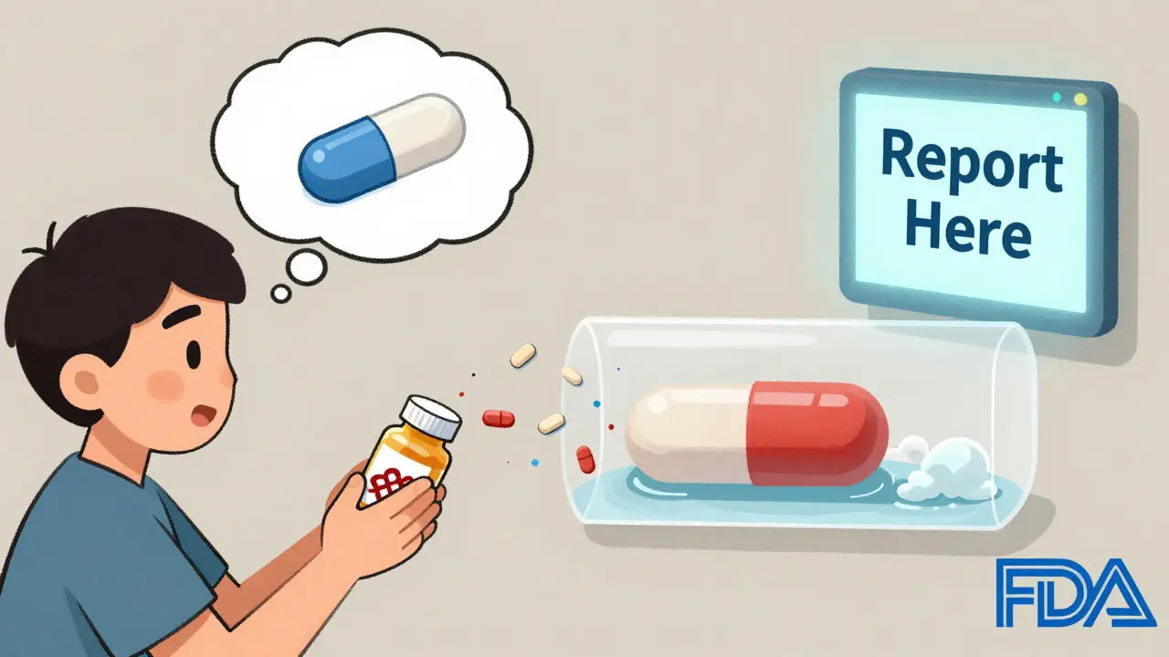Patient holding pill with thought bubble showing tablet failure and FDA reporting portal.