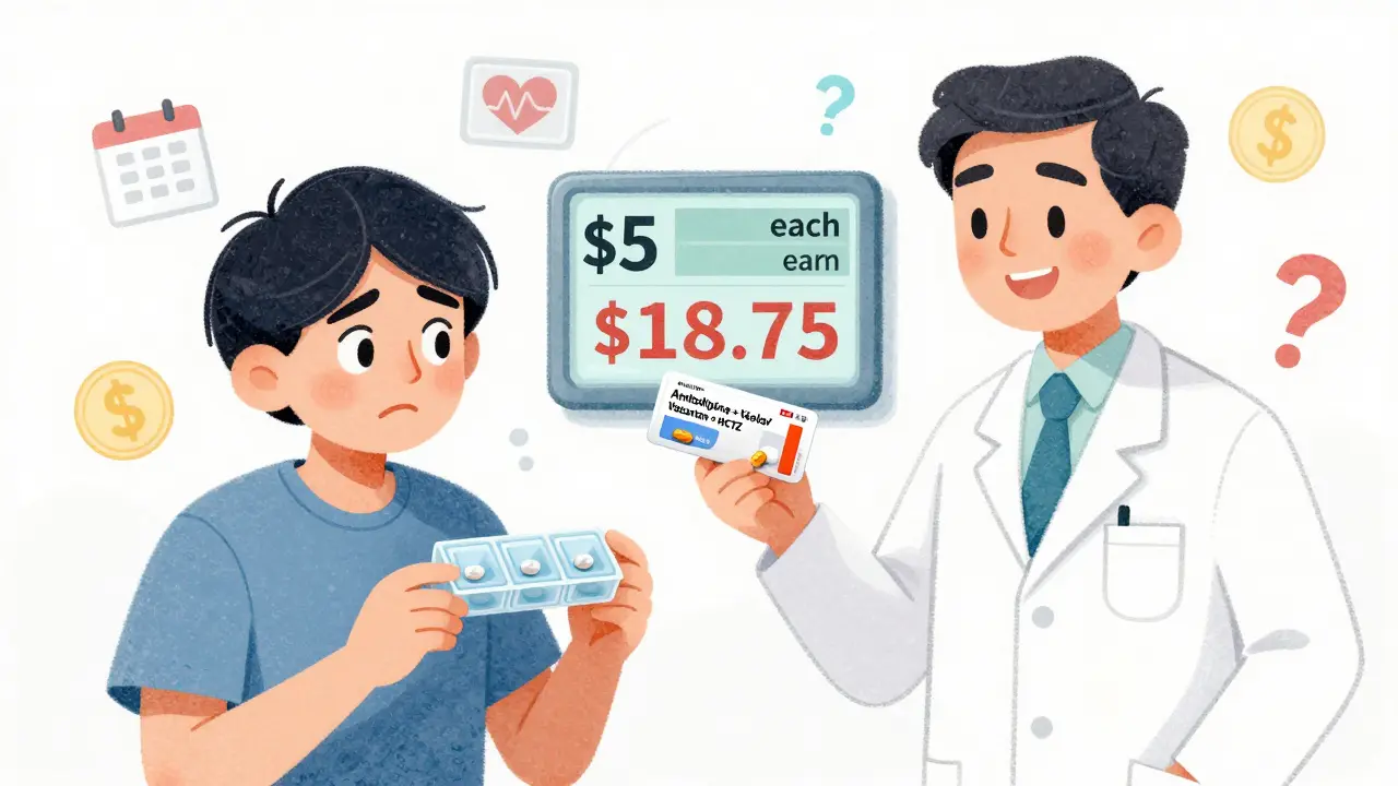 Patient looking confused at empty pill organizer while pharmacist offers a single combination blood pressure tablet.