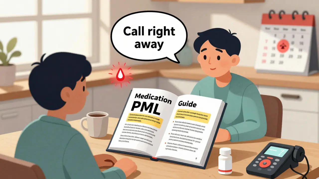 Patient reading a Medication Guide at the kitchen table, highlighting danger symptoms with a glowing alert.