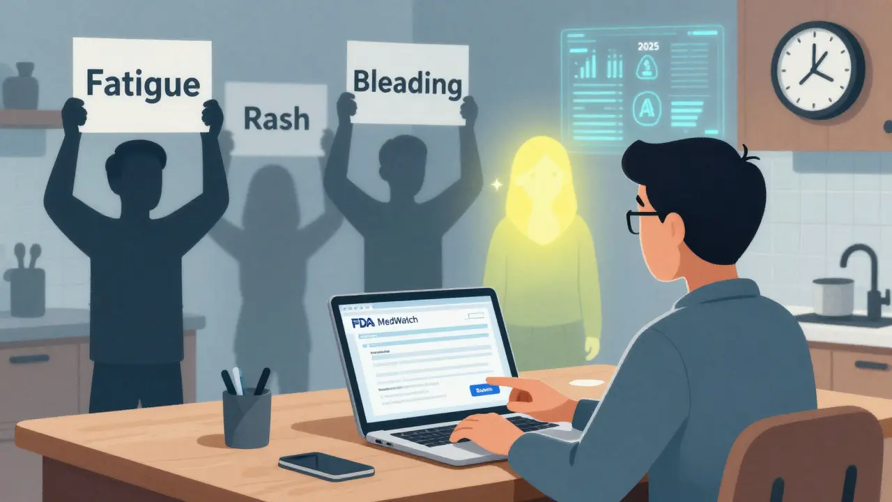 Patient submitting a side effect report to FDA, with shadowy figures representing unreported symptoms behind them.