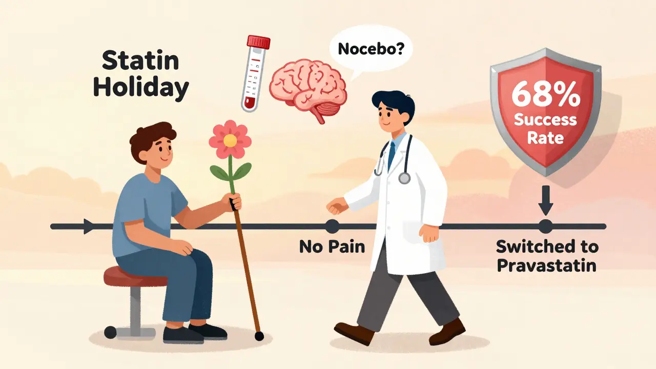 Patient walking freely after switching statins, doctor beside them, icons showing blood test and brain nocebo effect.