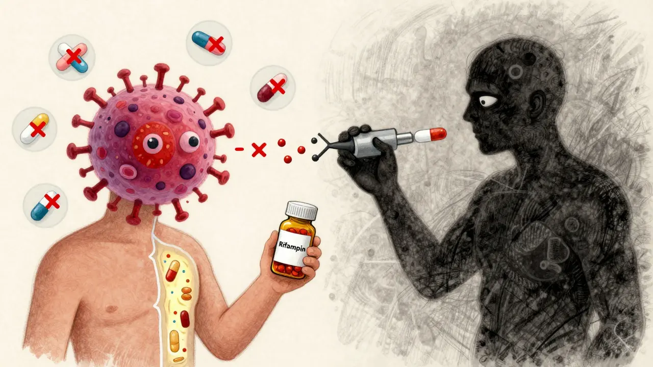 Patient with rifampin pill as TB bacteria eject the drug and other medications fail nearby.