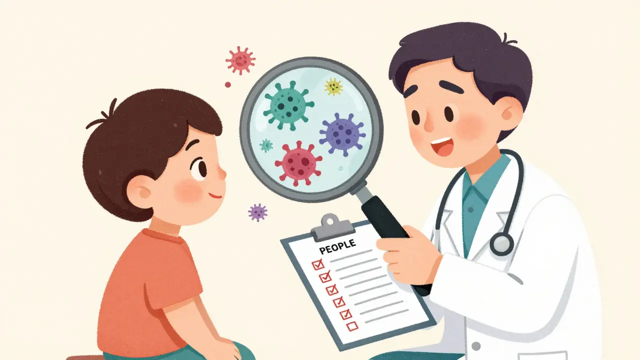Pediatrician examining child under magnifying glass revealing immune cells fighting infections.