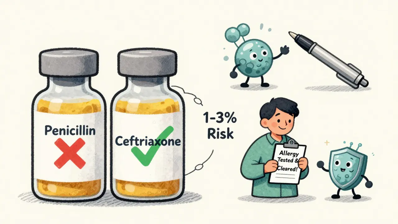 Penicillin and cephalosporin bottles with 1-3% risk chain, patient and immune cells celebrating
