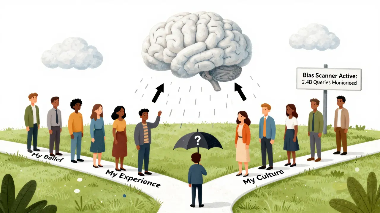 People at a crossroads forced onto paths by rain of biased arrows, one pausing with a question mark umbrella.