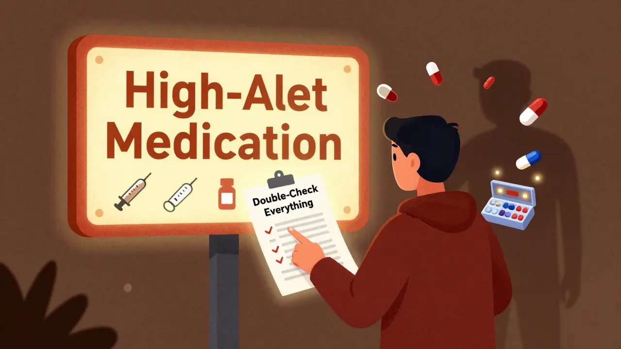 Person holding checklist near warning signs for high-alert medications