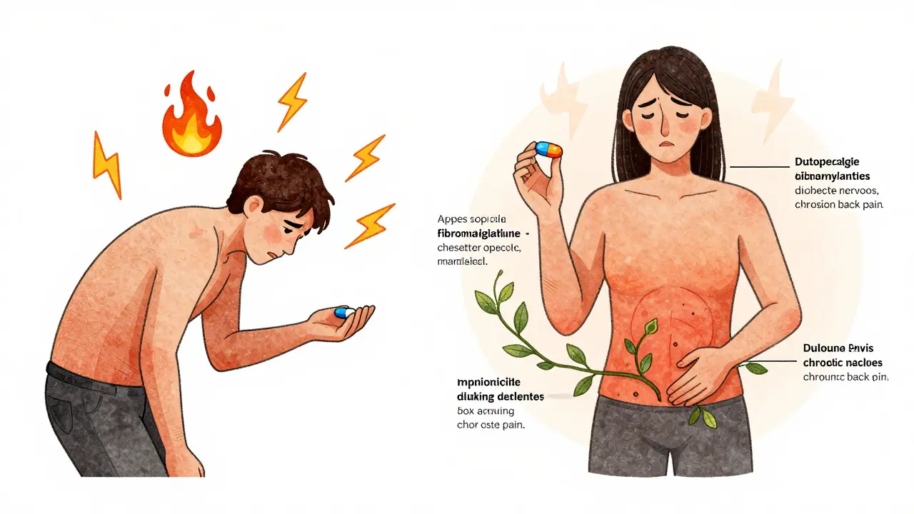 Person transformed from pained and hunched to strong and energized, holding an SNRI pill with pain conditions fading around them.