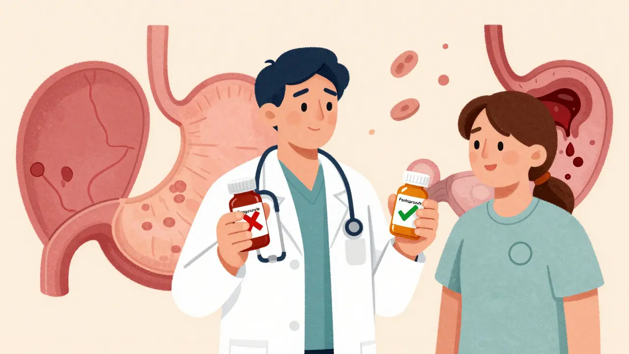 Pharmacist comparing omeprazole and pantoprazole pills while a patient with a stent watches, showing safe vs. unsafe options.