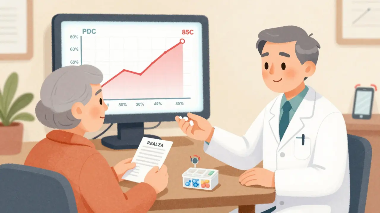 Pharmacist giving a combination pill to a patient, with a rising adherence graph on a screen in the background.