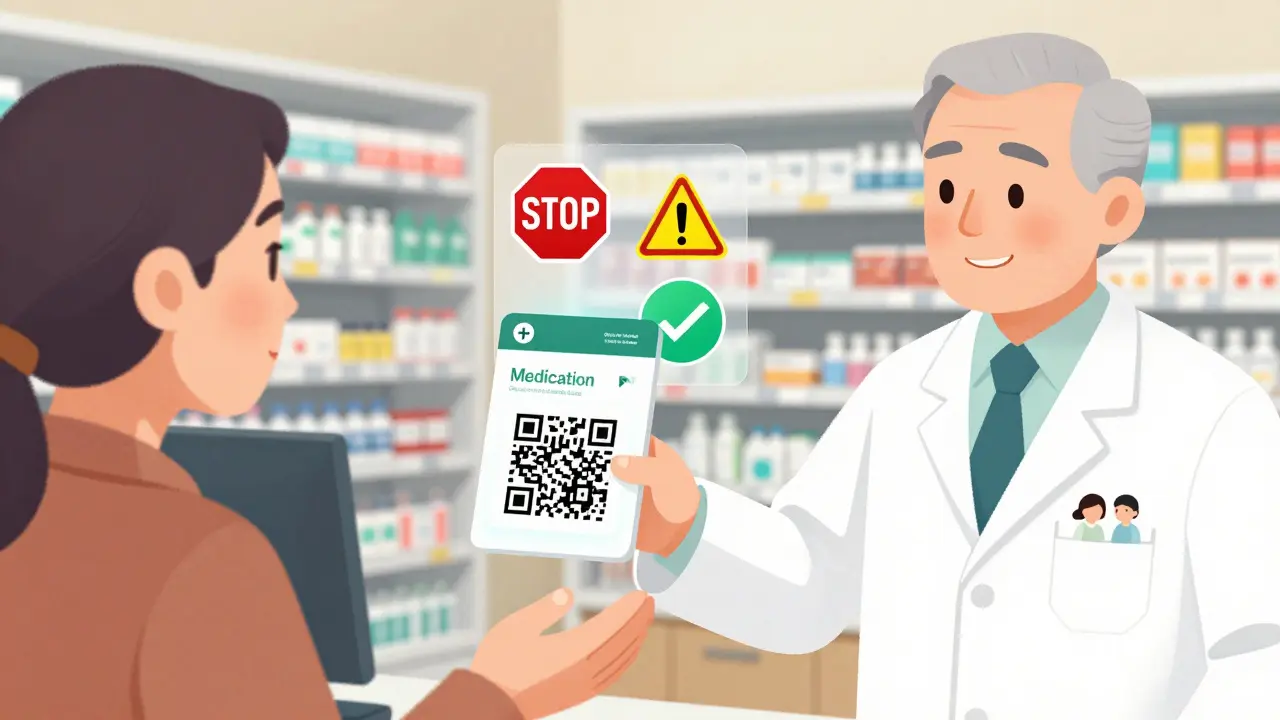 Pharmacist giving a Medication Guide to an elderly patient with glowing risk icons on the guide.
