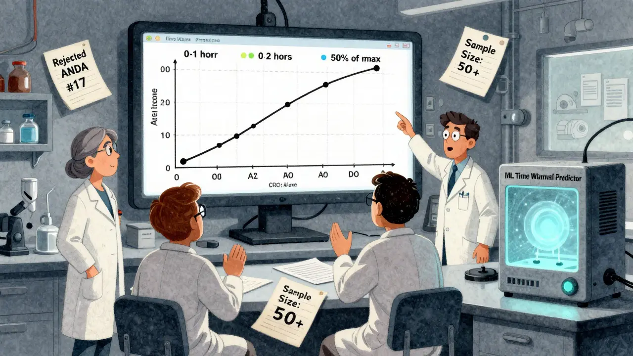 Scientists debating pAUC time windows on a large graph, with rejected applications and a machine predicting optimal intervals.