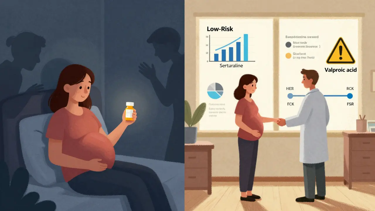 Split illustration showing fear and support during pregnancy: one side dark and isolated, the other bright with data and partnership.