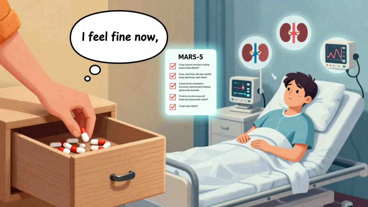 Split image showing someone ignoring meds versus ending up in hospital, with a checklist between them.