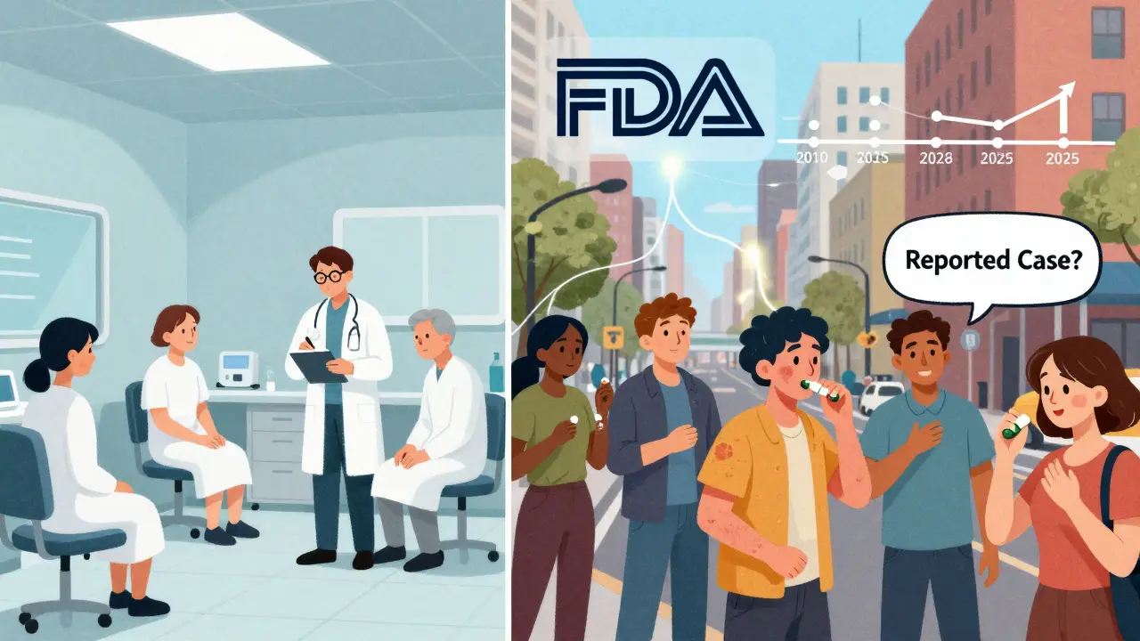 Split scene: clinical trial on one side, real-world patients with side effects on the other, linked to FDA data.