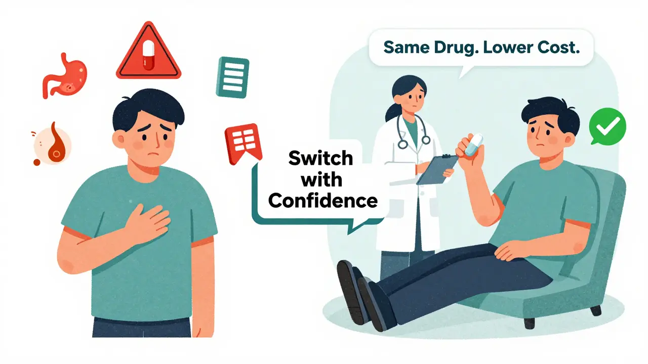 Split scene: left shows side effects from regular generic, right shows relief with authorized generic, connected by a path to safer care.