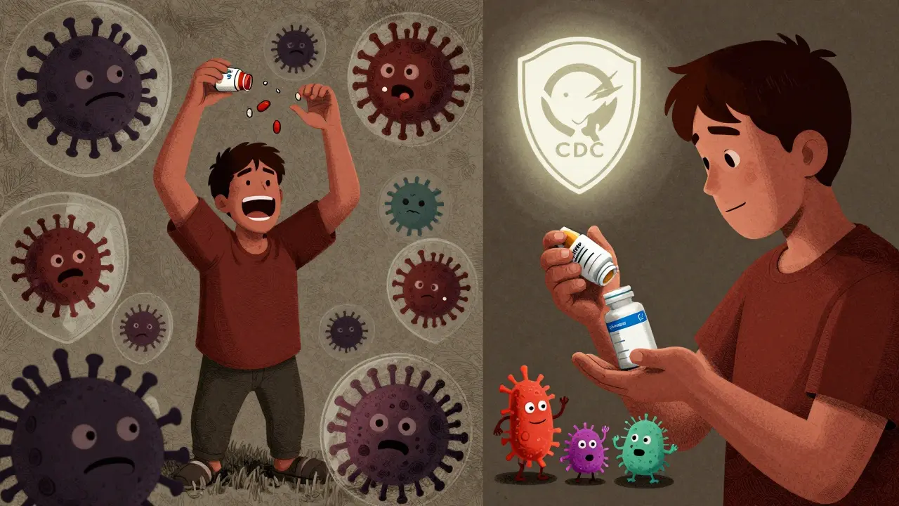 Split scene: one person stopping antibiotics as superbugs grow, another finishing the course as bacteria peacefully leave.