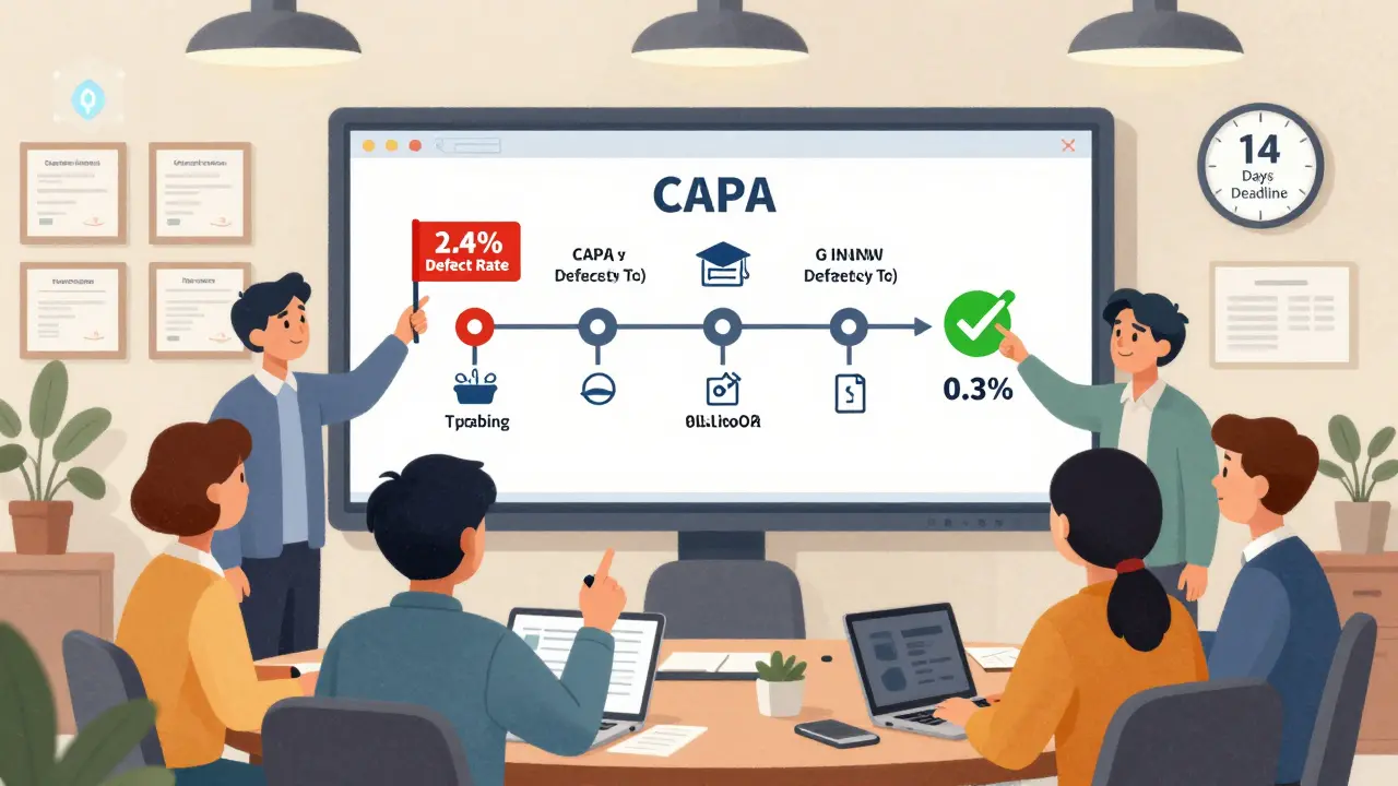 Team reviews CAPA workflow on digital screen as defect rate drops from red to green.