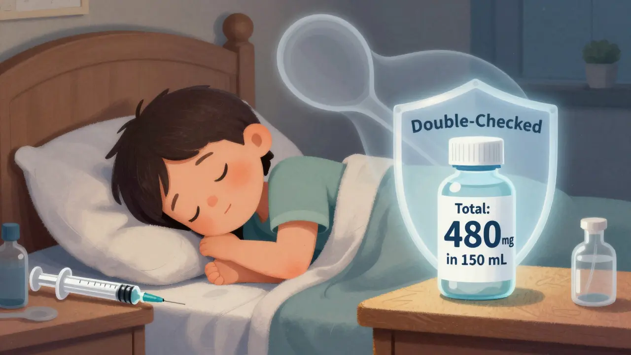 A child sleeps safely beside a correctly labeled medicine bottle with an oral syringe, while a fading teaspoon symbolizes a prevented error.