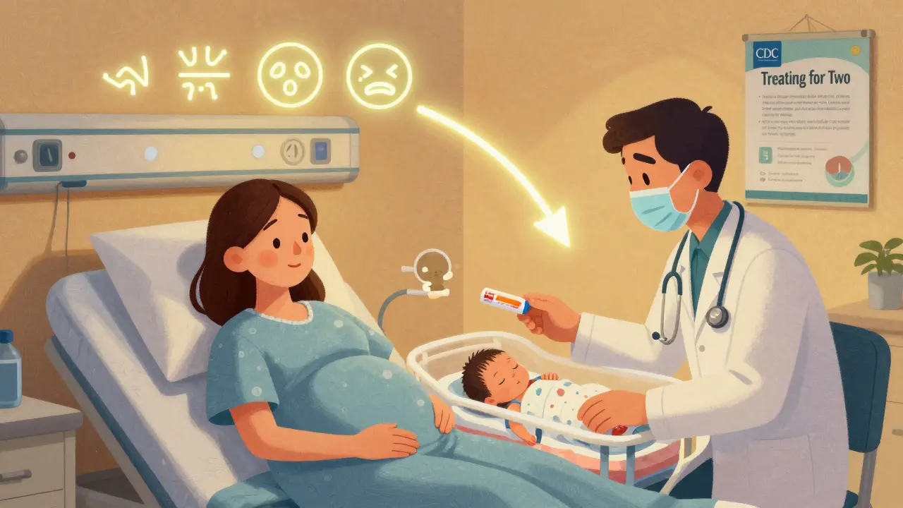 A mother tapering SSRI medication in the third trimester with her doctor, as a healthy newborn sleeps nearby.