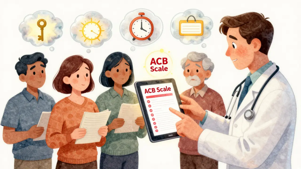 A pharmacist showing a patient their high-risk medications on a screen, with clear thought bubbles emerging.