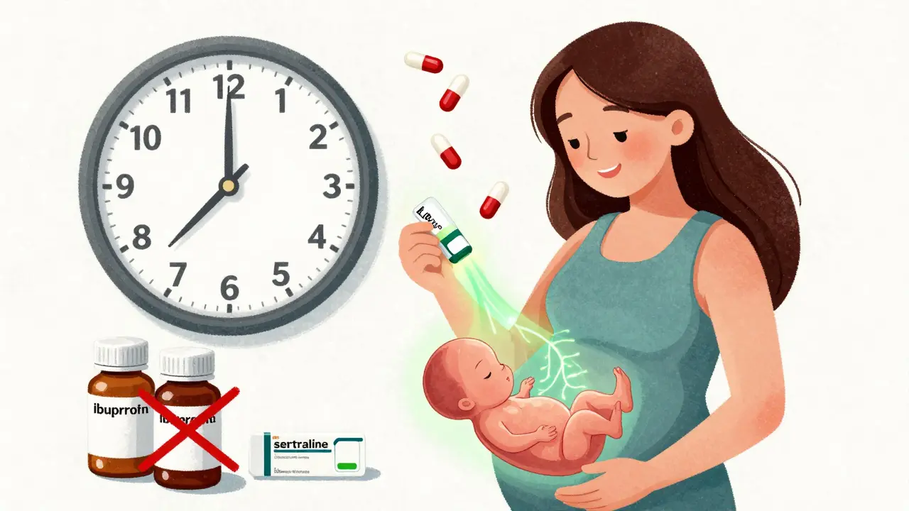 A pregnant woman taking sertraline safely in the second trimester, with organ development and safe medications illustrated around her.