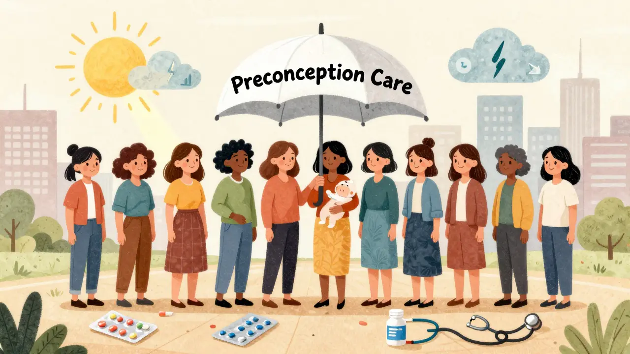 Diverse group of women under 'Preconception Care' umbrella, guided by safe medications and folic acid toward healthy pregnancy.