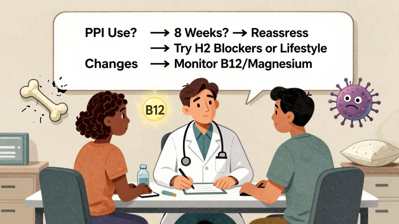 Doctor and patient reviewing a flowchart for safely reducing PPI use, with symbolic health icons around them.