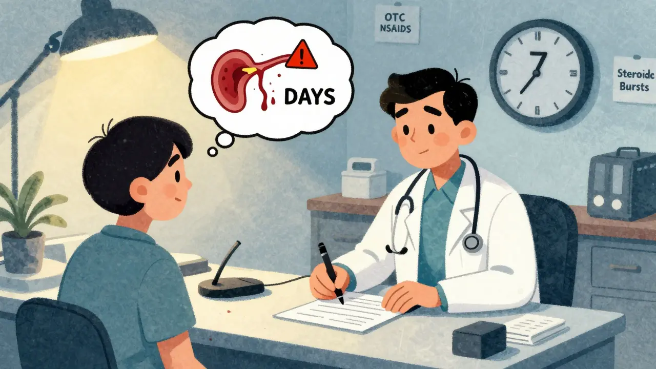 Doctor prescribing medication while patient's thought bubble reveals a bleeding ulcer and countdown clock to danger.
