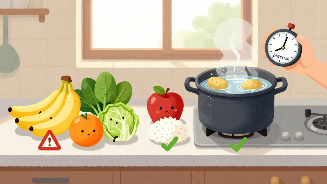 Kitchen counter comparing high and low potassium foods, with potatoes soaking in water to reduce potassium.