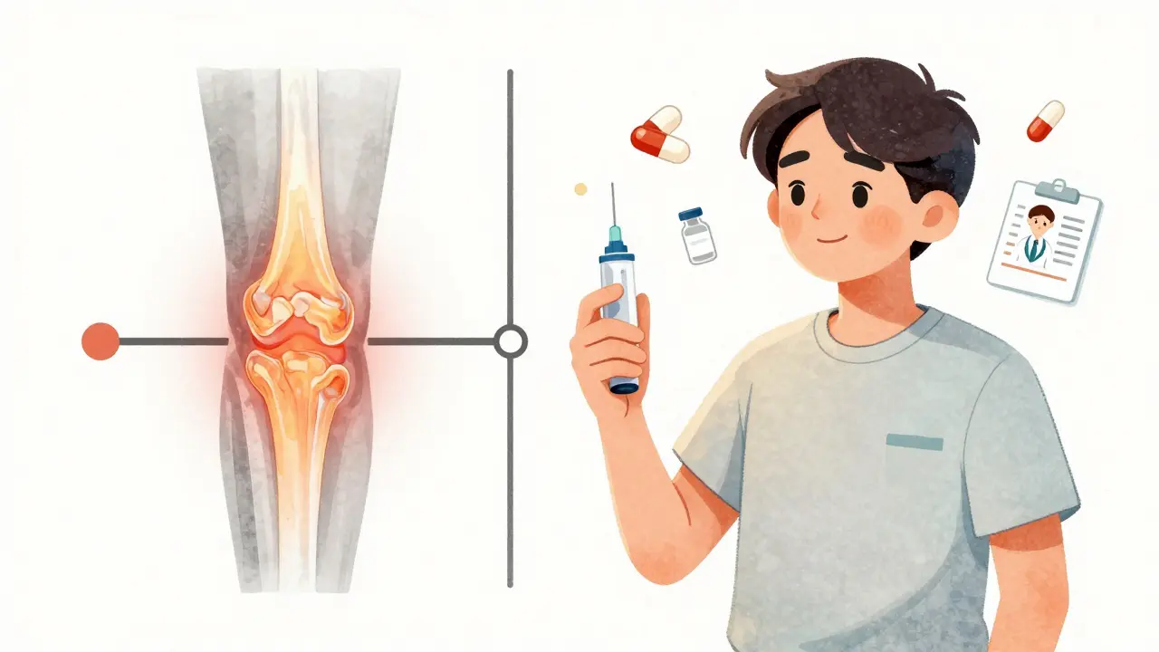 Patient using an auto-injector beside a before-and-after joint comparison, symbolizing treatment progress.