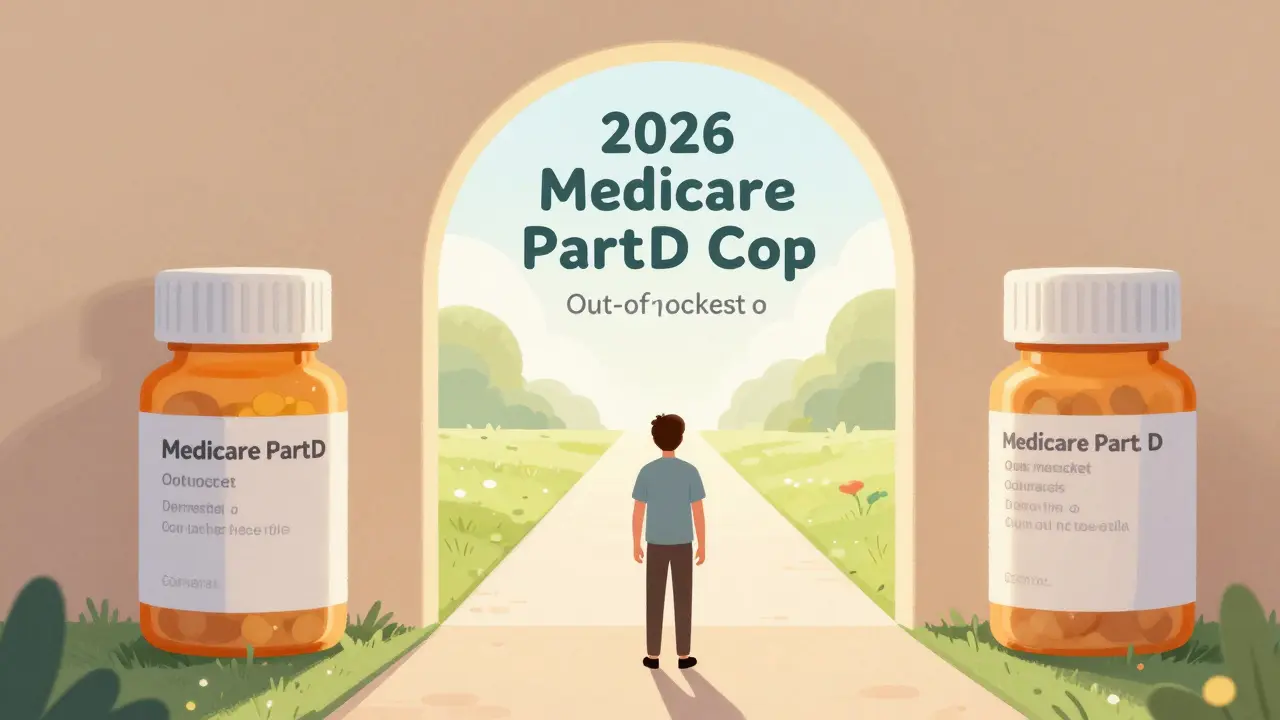 Person at a sunlit archway with pill bottles symbolizing out-of-pocket spending cap.