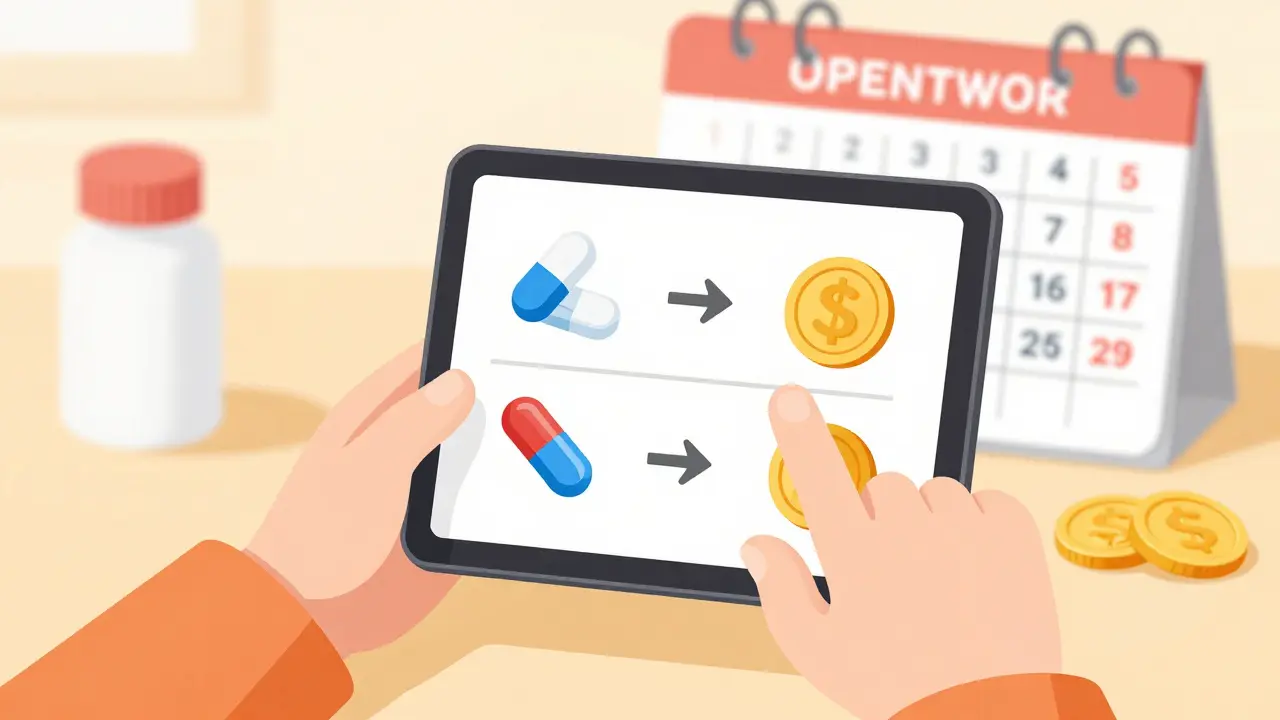 Person comparing generic drug options on a tablet with visual cost indicators.