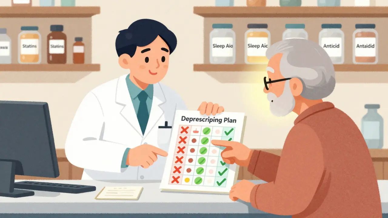 Pharmacist and older adult reviewing a medication chart with red Xs and green checkmarks.