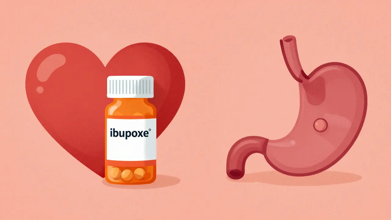 Side-by-side heart and stomach risks with pill bottles.
