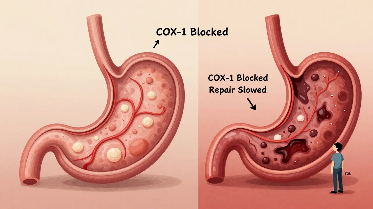 Split illustration comparing healthy vs damaged stomach lining after NSAID and steroid use, with warning labels.