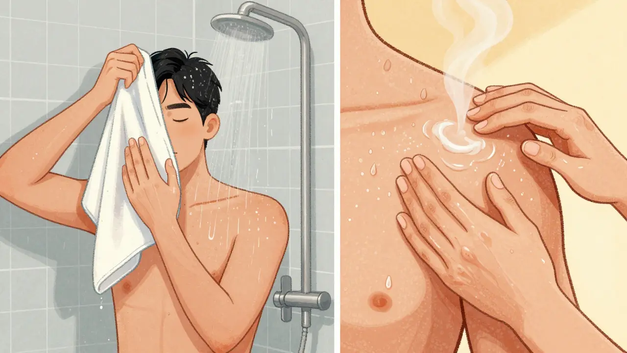 Split illustration showing gentle towel-drying after a shower and applying keratosis pilaris treatment lotion.