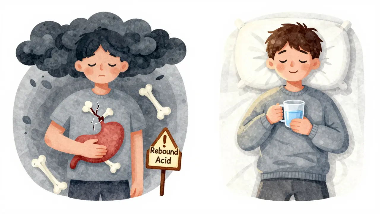 Two-sided illustration: one side shows PPI risks, the other shows healthy lifestyle changes for acid reflux.