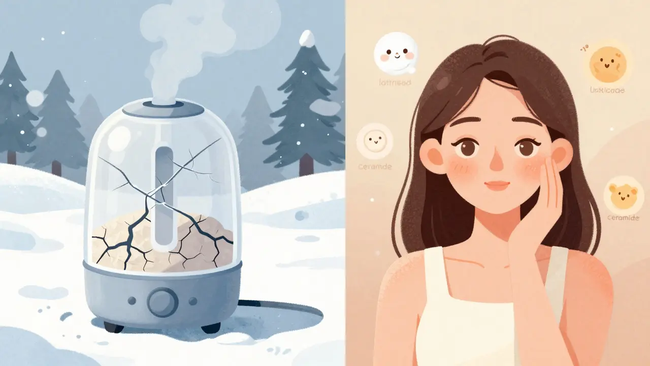 Winter and summer contrast: dry, irritated skin vs. smooth skin with skincare ingredients as protective icons.