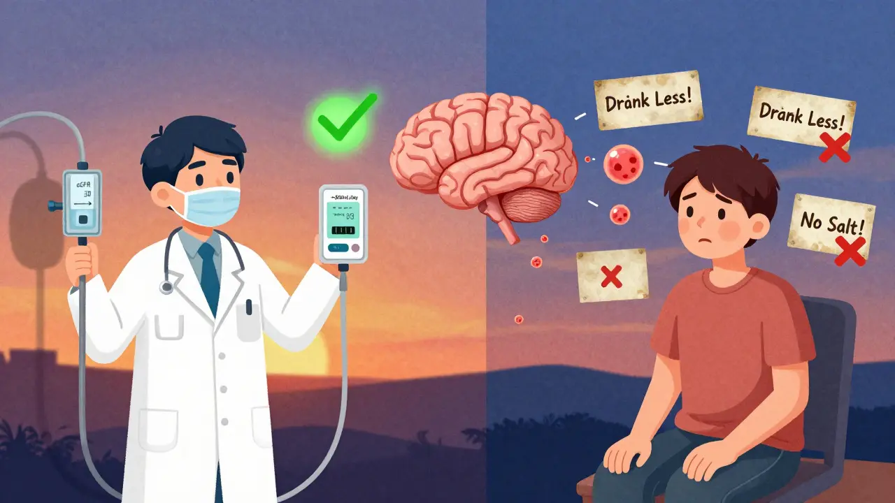 A doctor adjusting a personalized fluid dial while a patient is confused by outdated advice, with brain cell changes connecting both sides.