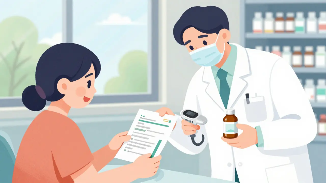 A hospital discharge scene with a patient, nurse, and pharmacist reviewing a medication list.