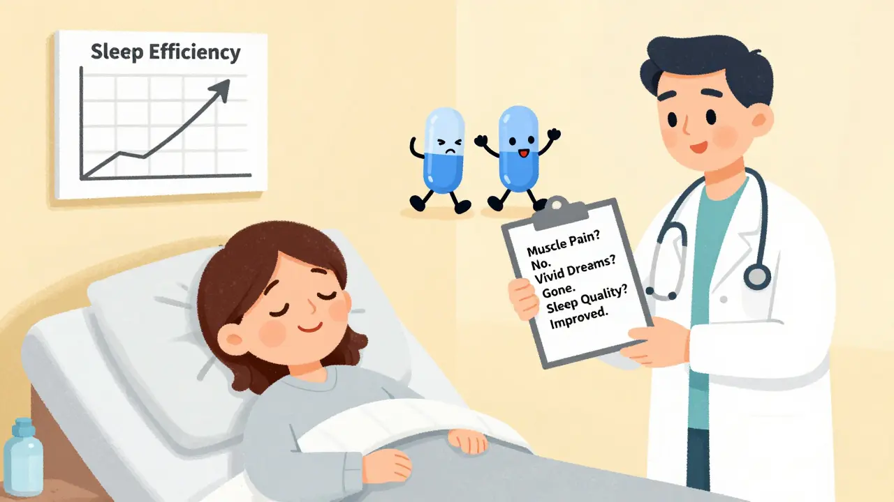 A patient sleeps well while a doctor holds a clipboard showing improved sleep metrics, with two cartoon pills in the background.