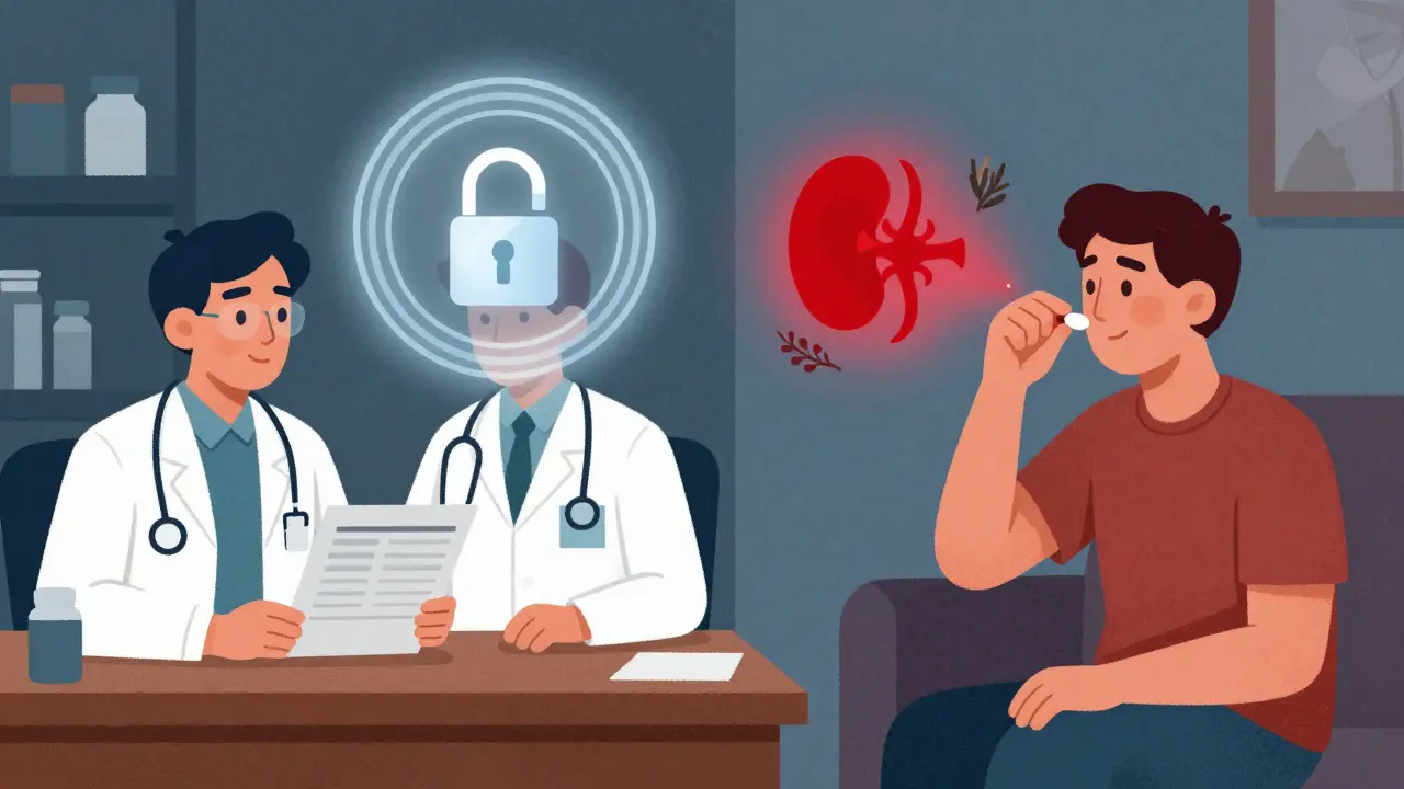 A patient takes medication unaware of hidden risks, while a locked FDA seal symbolizes delayed safety updates.