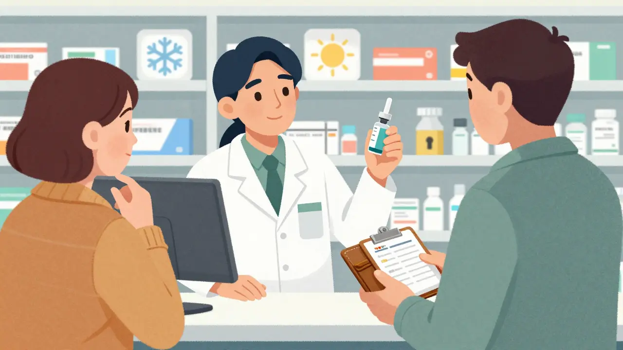 A pharmacist and patient discussing proper medicine storage at a pharmacy counter.